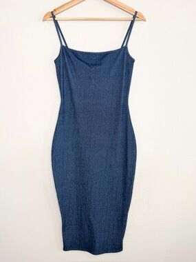 NAKED WARDROBE Sculpting Navy Blue Denim Slip Midi Dress Size Medium